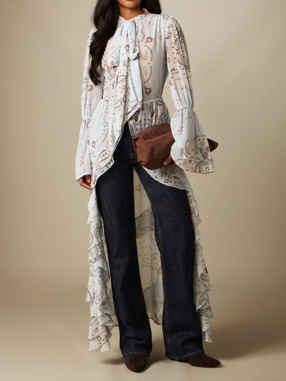 Multicolor Elegant Women's Paisley Print Chiffon High-Low Blouse